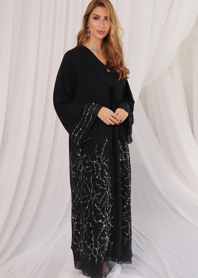 Black Abaya with White Piping and Button Detailing