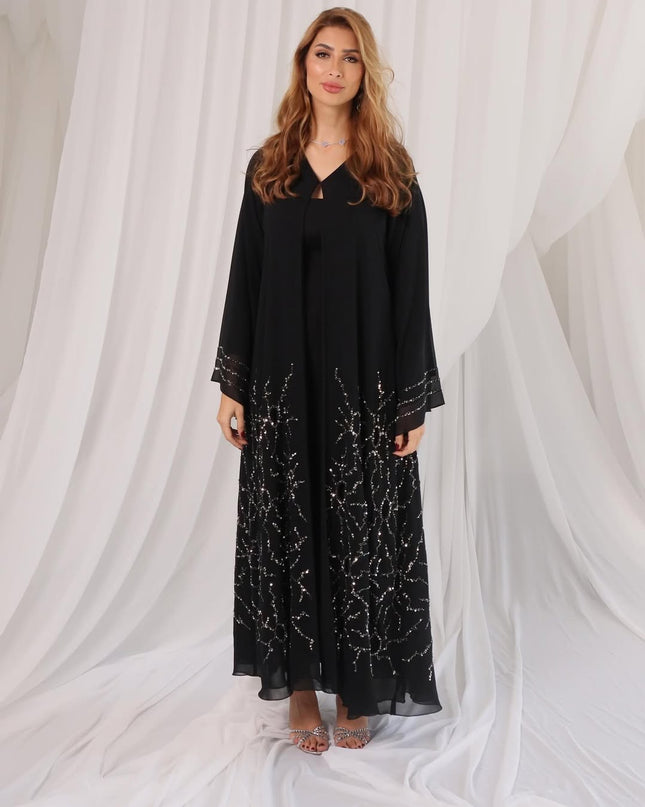 Black Abaya with White Piping and Button Detailing