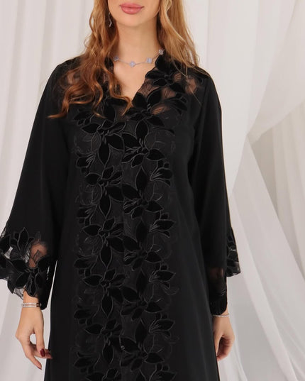 Black Abaya with White Piping and Button Detailing