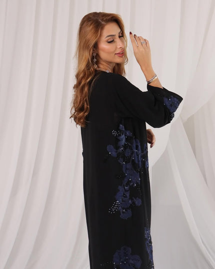 Black Abaya with Multicolor Crystals Embellishments