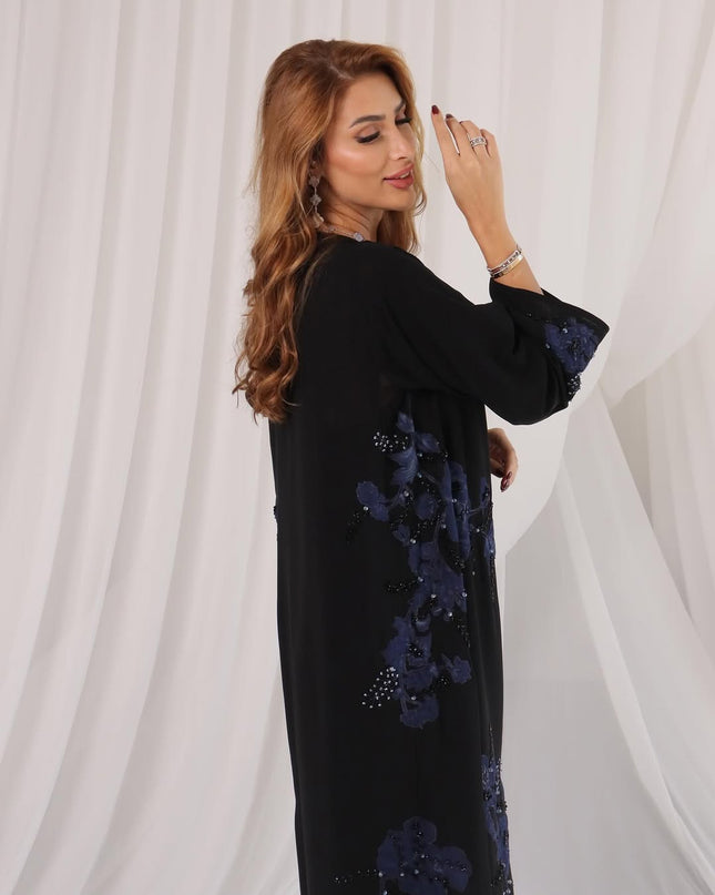 Black Abaya with Multicolor Crystals Embellishments