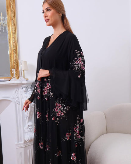 Black Abaya with Laser-Cut Sleeves & Pearl Accents