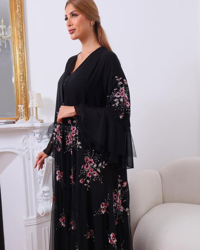 Black Abaya with Laser-Cut Sleeves & Pearl Accents