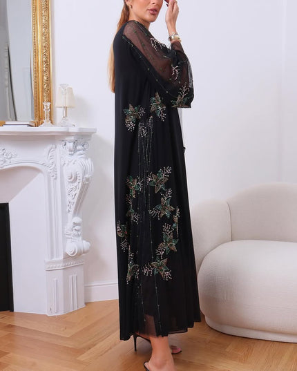 Black Abaya with Laser-Cut Sleeves & Pearl Accents