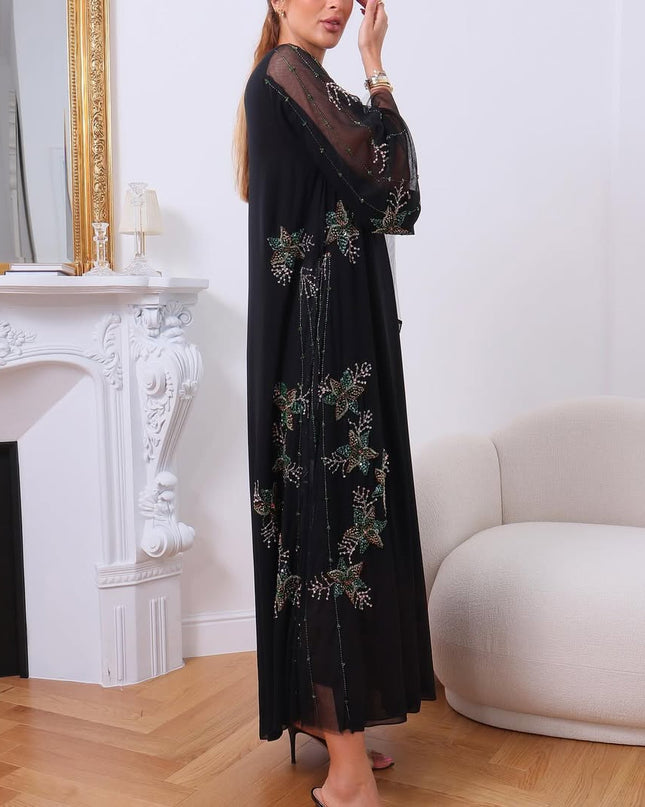 Black Abaya with Laser-Cut Sleeves & Pearl Accents