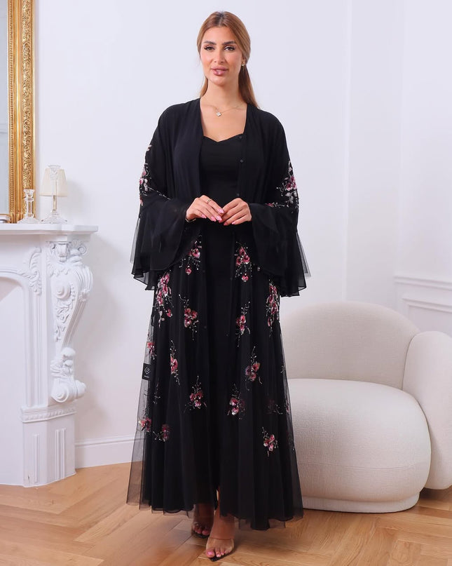 Black Abaya with Laser-Cut Sleeves & Pearl Accents
