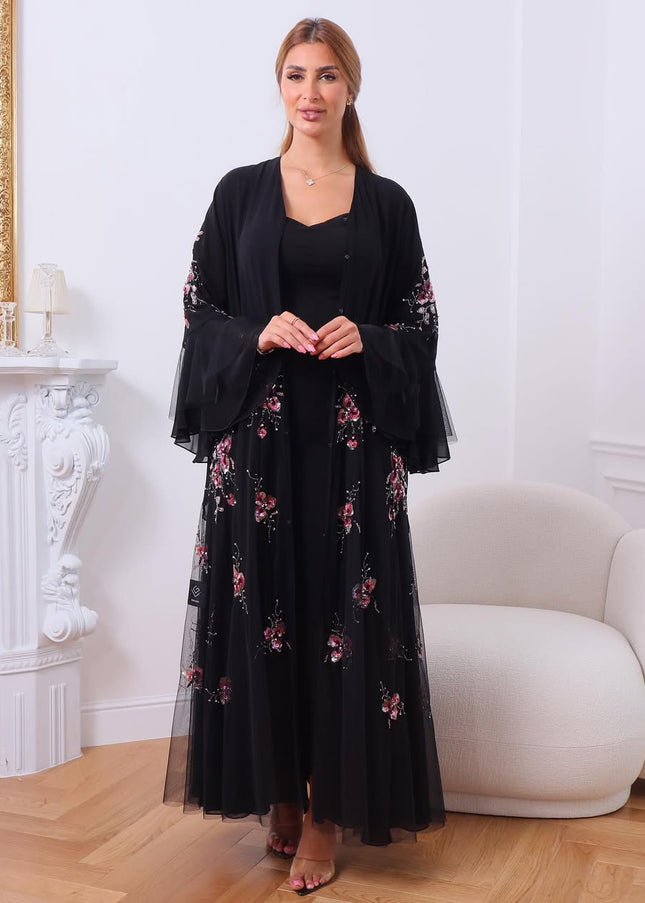 Black Abaya with Laser-Cut Sleeves & Pearl Accents