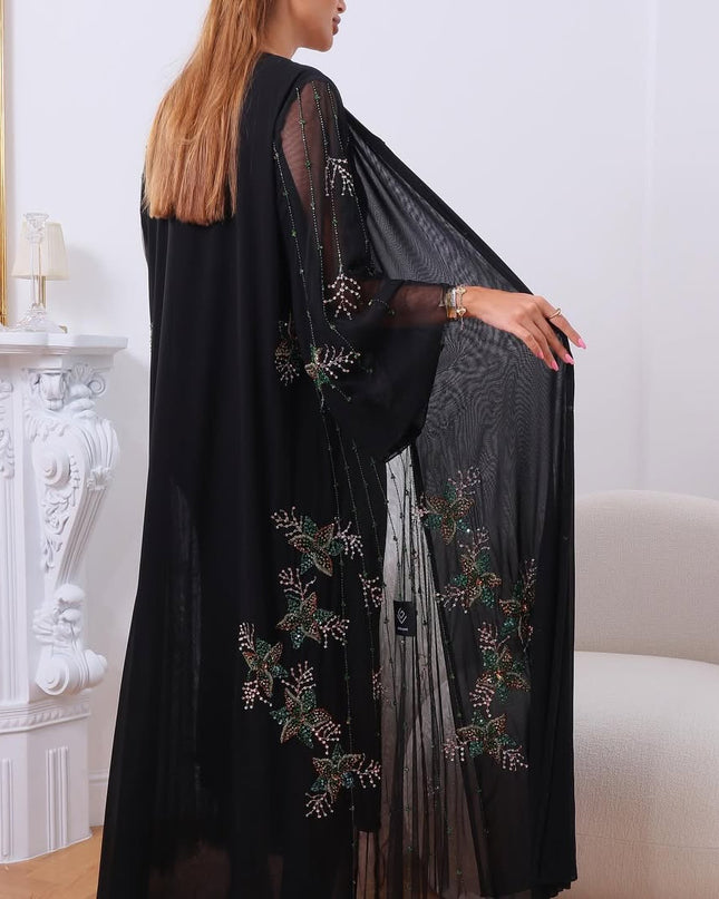 Black Abaya With Floral Embroidery on Sleeves