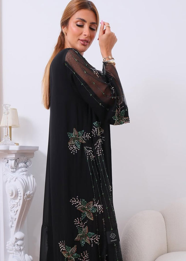 Black Abaya With Floral Embroidery on Sleeves