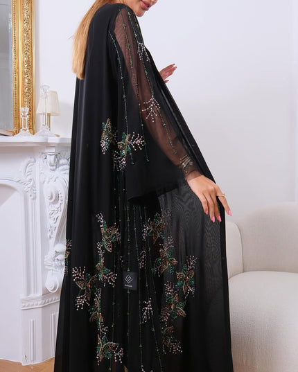 Black Abaya With Floral Embroidery on Sleeves